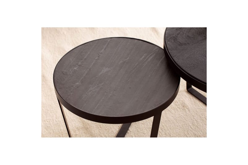 Sisaruspöytä Wohnling 2 kappaleen sarja, pyöreä massiivipuu ja kivinen ulkonäkö, design-metallijalusta, maalaistyyli Musta, musta - Musta, musta - Huonekalut - Pöytä & ruokailuryhmä - Apupöytä & sivupöytä - Sarjapöytä