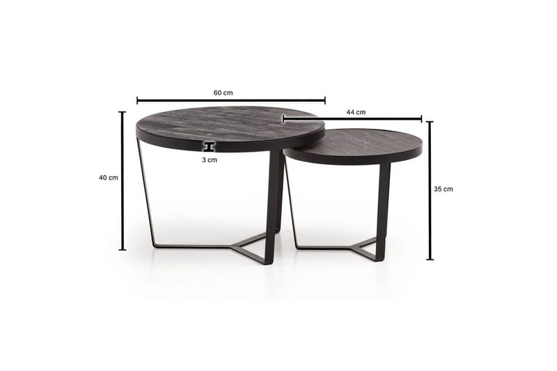 Sisaruspöytä Wohnling 2 kappaleen sarja, pyöreä massiivipuu ja kivinen ulkonäkö, design-metallijalusta, maalaistyyli Musta, musta - Musta, musta - Huonekalut - Pöytä & ruokailuryhmä - Apupöytä & sivupöytä - Sarjapöytä