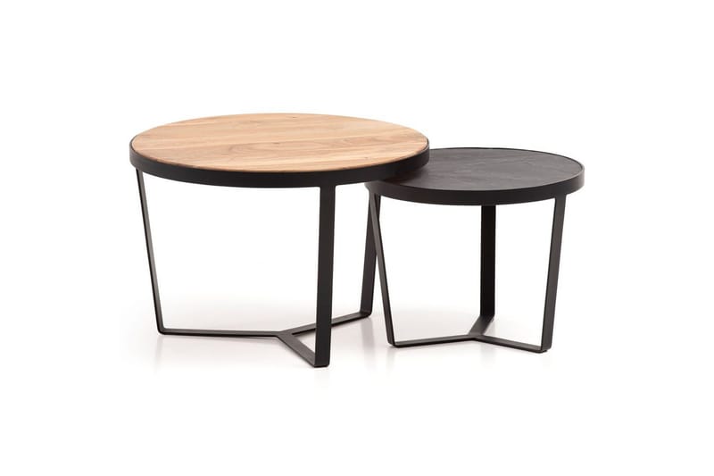 Sisaruspöytä Wohnling 2 kappaleen sarja, pyöreä massiivipuu ja kivinen ulkonäkö, design-metallijalusta, maalaistyyli Musta, akaasia - Musta, akaasia - Huonekalut - Pöytä & ruokailuryhmä - Apupöytä & sivupöytä - Sarjapöytä