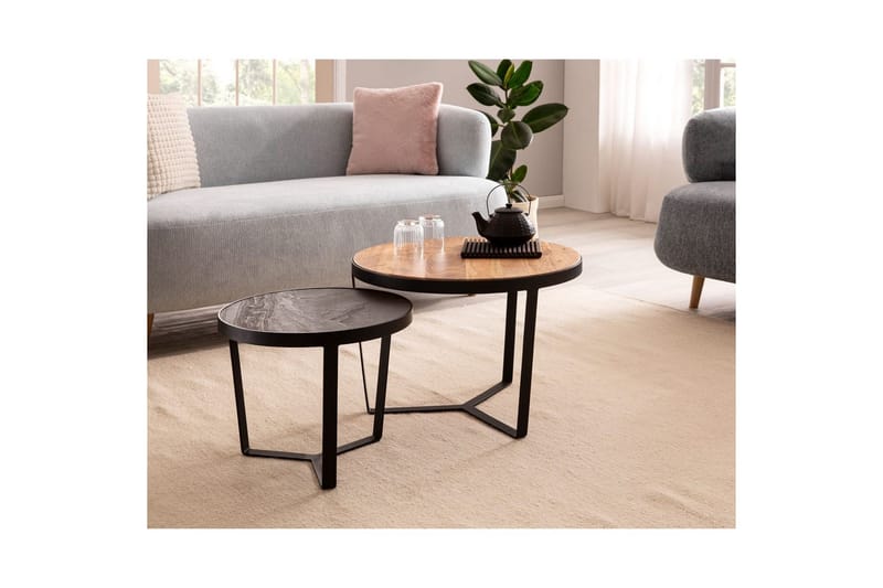 Sisaruspöytä Wohnling 2 kappaleen sarja, pyöreä massiivipuu ja kivinen ulkonäkö, design-metallijalusta, maalaistyyli Musta, akaasia - Musta, akaasia - Huonekalut - Pöytä & ruokailuryhmä - Apupöytä & sivupöytä - Sarjapöytä