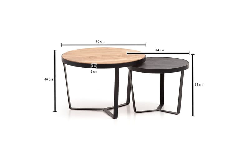 Sisaruspöytä Wohnling 2 kappaleen sarja, pyöreä massiivipuu ja kivinen ulkonäkö, design-metallijalusta, maalaistyyli Musta, akaasia - Musta, akaasia - Huonekalut - Pöytä & ruokailuryhmä - Apupöytä & sivupöytä - Sarjapöytä