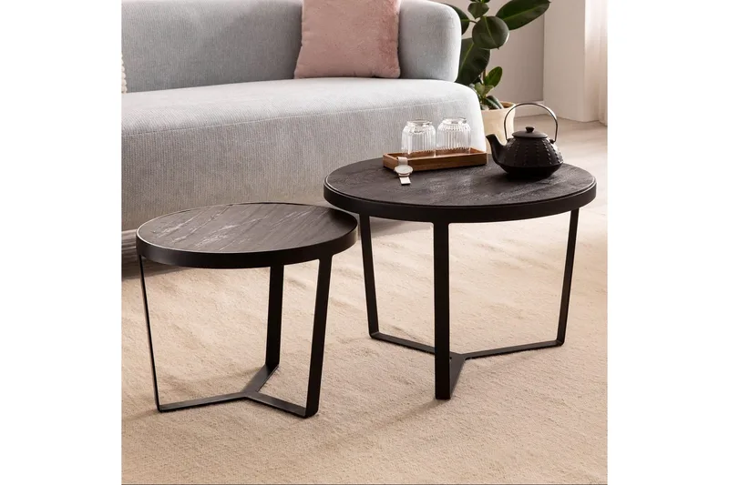 Sisaruspöytä Wohnling 2 kappaleen sarja, pyöreä massiivipuu ja kivinen ulkonäkö, design-metallijalusta, maalaistyyli Musta, musta - Musta, musta - Huonekalut - Pöytä & ruokailuryhmä - Apupöytä & sivupöytä - Sarjapöytä