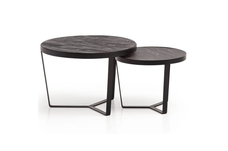 Sisaruspöytä Wohnling 2 kappaleen sarja, pyöreä massiivipuu ja kivinen ulkonäkö, design-metallijalusta, maalaistyyli Musta, musta, Musta, musta
