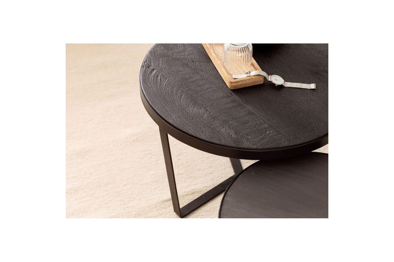 Sisaruspöytä Wohnling 2 kappaleen sarja, pyöreä massiivipuu ja kivinen ulkonäkö, design-metallijalusta, maalaistyyli Musta, musta - Musta, musta - Huonekalut - Pöytä & ruokailuryhmä - Apupöytä & sivupöytä - Sarjapöytä