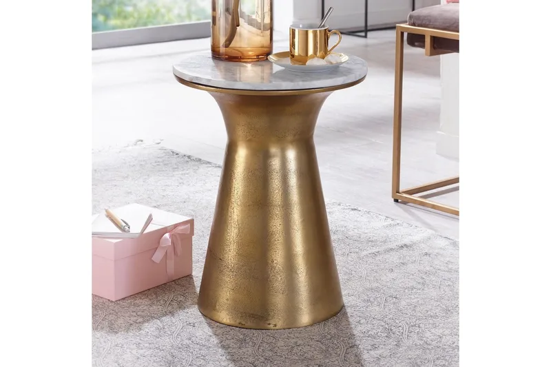 Sivupöytä Wohnling Aito marmori, pyöreä, 35 cm, kultainen jalusta, moderni - Huonekalut - Pöytä & ruokailuryhmä - Apupöytä & sivupöytä - Tarjotinpöytä & pikkupöytä