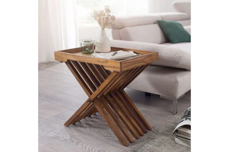 Sivupöytä Wohnling Maalaistyylinen massiivipuu, kokoontaitettava ristijalka, maalaistalo - Huonekalut - Pöytä & ruokailuryhmä - Apupöytä & sivupöytä - Tarjotinpöytä & pikkupöytä