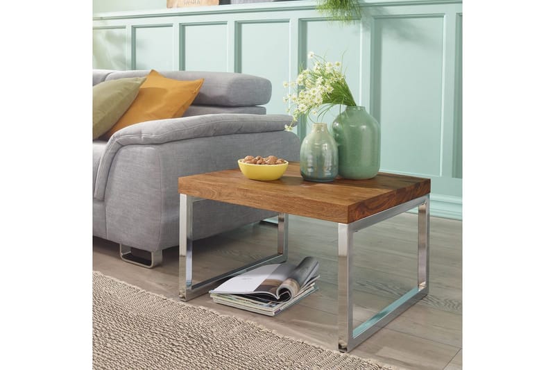 Sivupöytä Wohnling massivipuuta, neliö metallisilla kromijaloilla, maalaismainen tyyli 60x60 cm - 60x60 cm - Huonekalut - Pöytä & ruokailuryhmä - Apupöytä & sivupöytä - Tarjotinpöytä & pikkupöytä