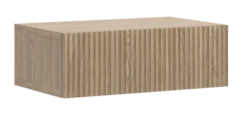 Takayo seinälle kiinnitettävä yöpöytä 50 cm puu- ja tammijäljitelmällä, säilytystilaa laatikolla, Beige