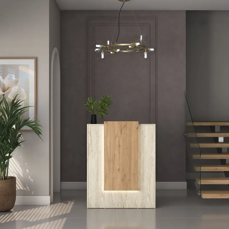 Vastaanottotiski Wallxpert Cleo Shelf (90 x 110 x 40 cm) Travertiini/pähkinä - Travertiini ja pähkinä - Huonekalut - Pöytä & ruokailuryhmä - Apupöytä & sivupöytä - Eteispöytä
