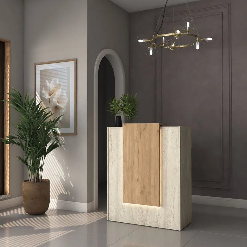 Vastaanottotiski Wallxpert Cleo Shelf (90 x 110 x 40 cm) Travertiini/pähkinä - Travertiini ja pähkinä - Huonekalut - Pöytä & ruokailuryhmä - Apupöytä & sivupöytä - Eteispöytä