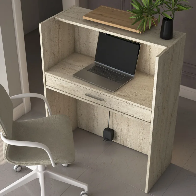 Vastaanottotiski Wallxpert Cleo Shelf (90 x 110 x 40 cm) Travertiini/pähkinä - Travertiini ja pähkinä - Huonekalut - Pöytä & ruokailuryhmä - Apupöytä & sivupöytä - Eteispöytä