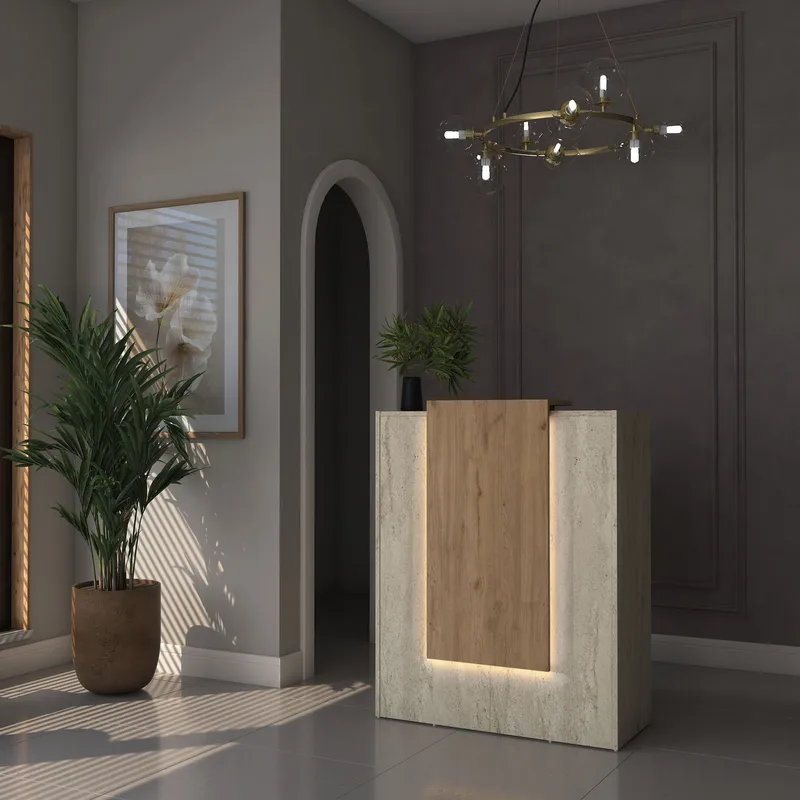 Vastaanottotiski Wallxpert Cleo Shelf (90 x 110 x 40 cm) Travertiini/pähkinä - Travertiini ja pähkinä - Huonekalut - Pöytä & ruokailuryhmä - Apupöytä & sivupöytä - Eteispöytä