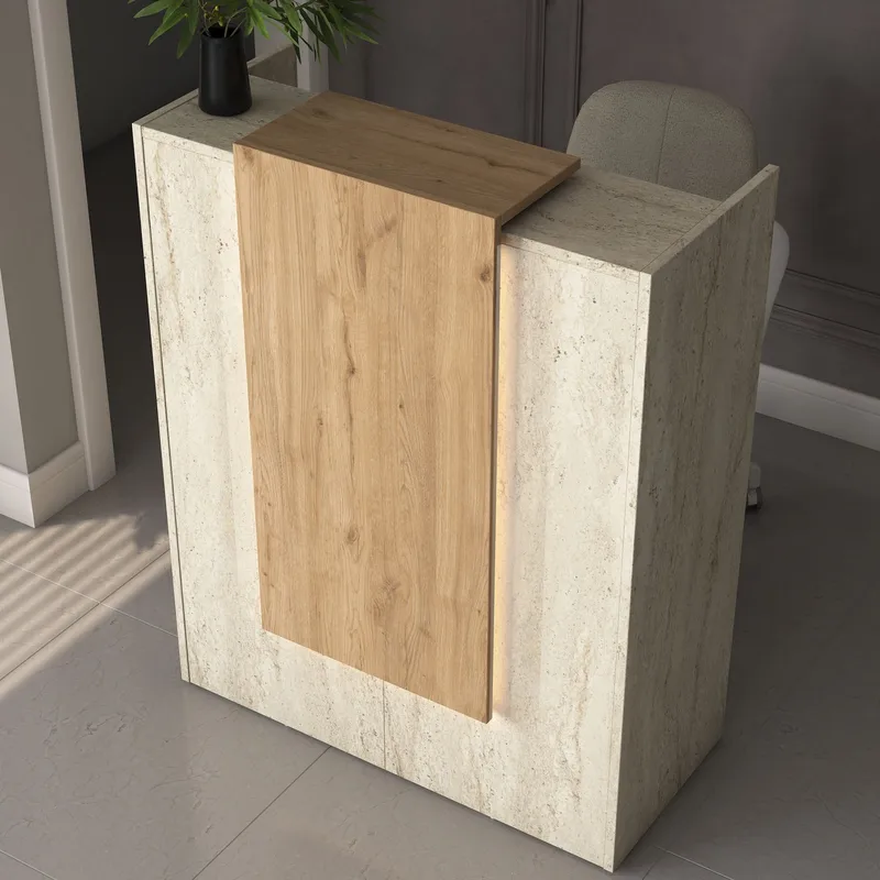 Vastaanottotiski Wallxpert Cleo Shelf (90 x 110 x 40 cm) Travertiini/pähkinä - Travertiini ja pähkinä - Huonekalut - Pöytä & ruokailuryhmä - Apupöytä & sivupöytä - Eteispöytä