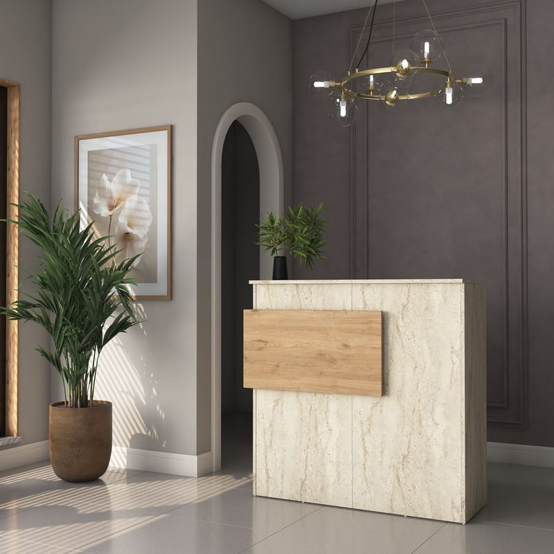 Vastaanottotiski Wallxpert Dara (110 x 110 x 40 cm) Travertiini pähkinä - Travertiini ja pähkinä - Huonekalut - Pöytä & ruokailuryhmä - Apupöytä & sivupöytä - Eteispöytä
