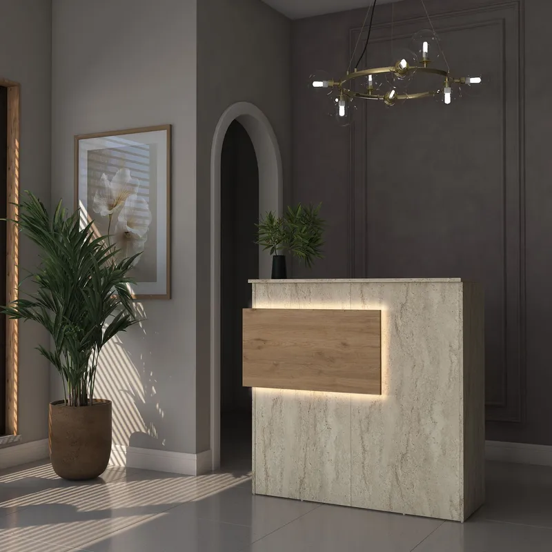 Vastaanottotiski Wallxpert Dara (110 x 110 x 40 cm) Travertiini pähkinä - Travertiini ja pähkinä - Huonekalut - Pöytä & ruokailuryhmä - Apupöytä & sivupöytä - Eteispöytä