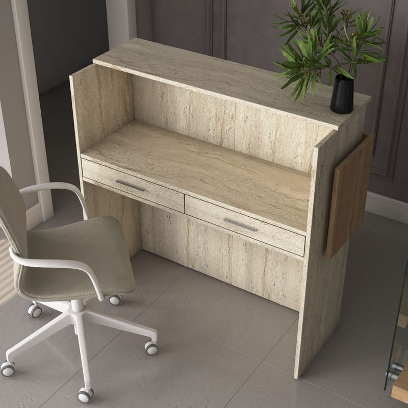 Vastaanottotiski Wallxpert Dara (110 x 110 x 40 cm) Travertiini pähkinä - Travertiini ja pähkinä - Huonekalut - Pöytä & ruokailuryhmä - Apupöytä & sivupöytä - Eteispöytä