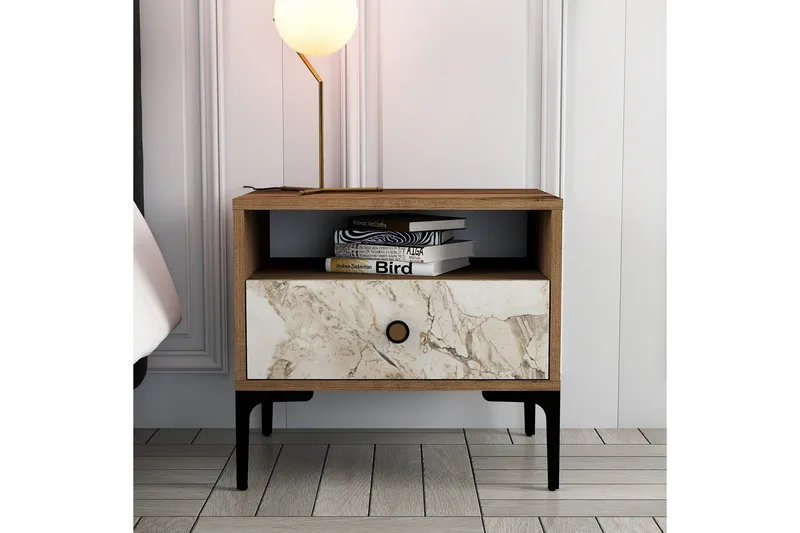 Ameias Sängynsivupöytä 56x40 cm Ruskea/Valkoinen - Hanah Home - Huonekalut - Pöytä & ruokailuryhmä - Apupöytä & sivupöytä - Yöpöytä