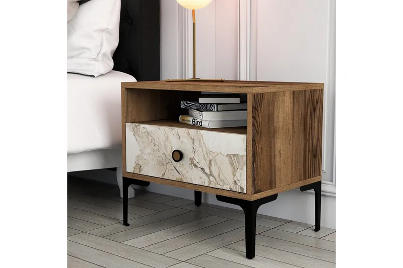 Ameias Sängynsivupöytä 56x40 cm Ruskea/Valkoinen - Hanah Home - Huonekalut - Pöytä & ruokailuryhmä - Apupöytä & sivupöytä - Yöpöytä