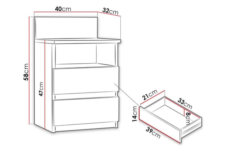 Yöpöytä Charlise 40 cm Säilytyksellä 2 laatikkoa+Hylly - Musta - Yöpöytä