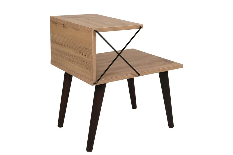 Kaysie Retro yöpöytä 50 cm puu- ja tammijäljitelmällä, säilytystilaa hyllyillä, Luonnonvärinen