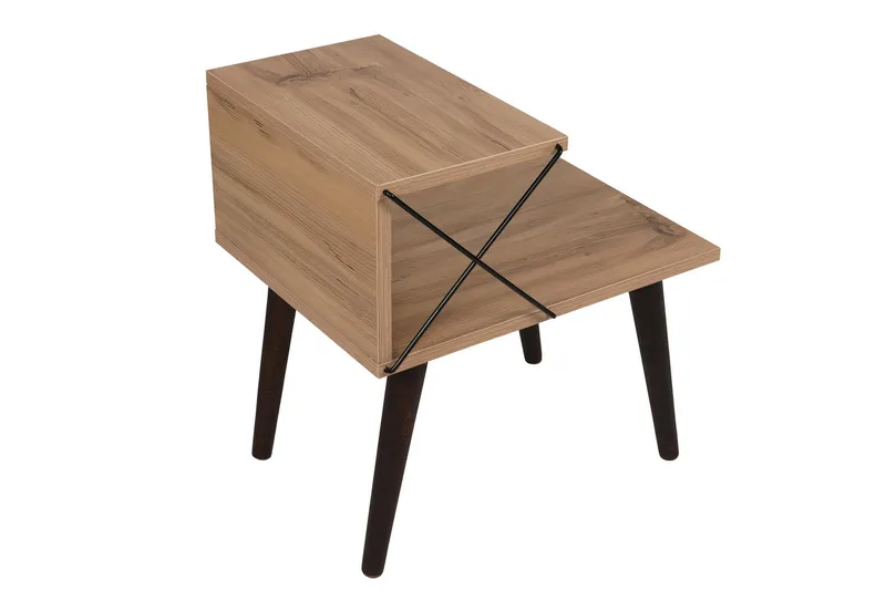 Kaysie Retro yöpöytä 50 cm puu- ja tammijäljitelmällä, säilytystilaa hyllyillä - Luonnonvärinen - Huonekalut - Pöytä & ruokailuryhmä - Apupöytä & sivupöytä - Yöpöytä