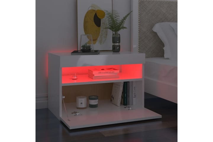Yöpöytä LED-valoilla korkeakiilto valkoinen 60x35x40 cm - Yöpöytä