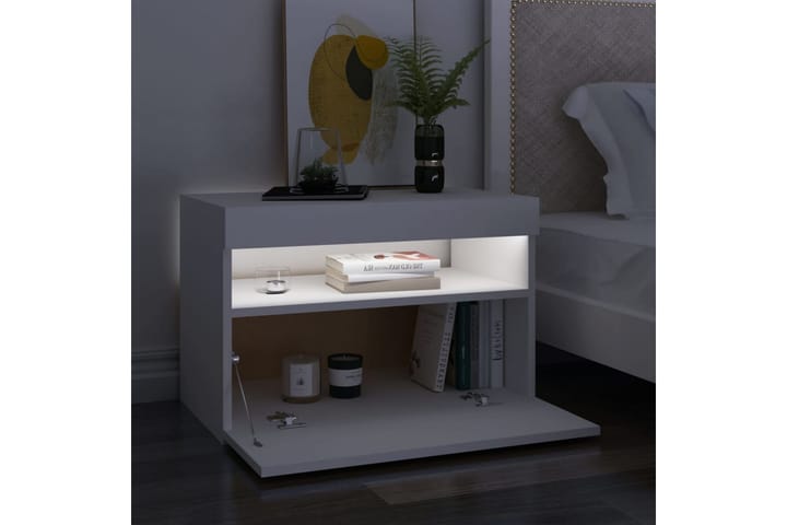 Yöpöytä LED-valoilla valkoinen 60x35x40 cm lastulevy - Yöpöytä