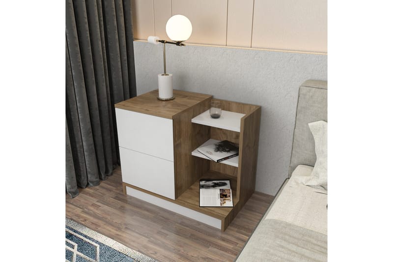 Rinorea yöpöytä 72x60 cm tammea laatikoilla ja säilytystilalla - Valkoinen - Huonekalut - Pöytä & ruokailuryhmä - Apupöytä & sivupöytä - Yöpöytä