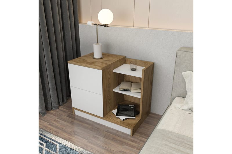 Rinorea yöpöytä 72x60 cm tammea laatikoilla ja säilytystilalla - Valkoinen - Huonekalut - Pöytä & ruokailuryhmä - Apupöytä & sivupöytä - Yöpöytä