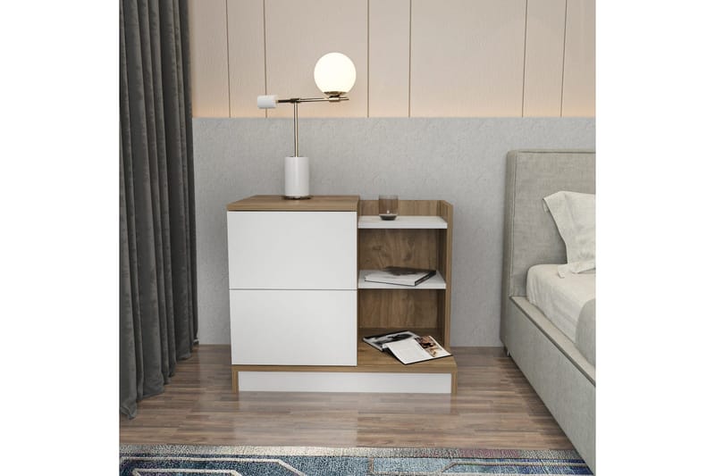 Rinorea yöpöytä 72x60 cm tammea laatikoilla ja säilytystilalla - Valkoinen - Huonekalut - Pöytä & ruokailuryhmä - Apupöytä & sivupöytä - Yöpöytä