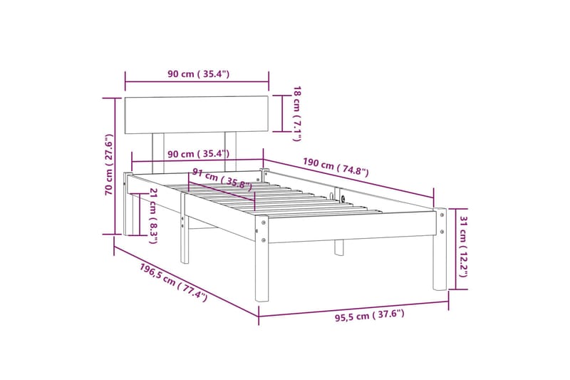 Sängynrunko hunajanruskea täysi mänty 90x190 cm UK Single - Ruskea - Yöpöytä