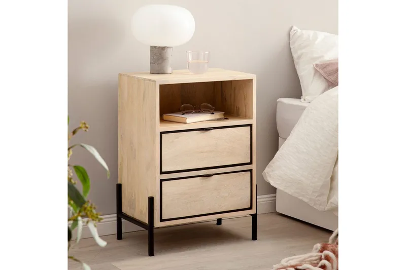 Yöpöytä Wohnling Kiinteä mangopuu, kaksi laatikkoa, säilytyslokero - Huonekalut - Pöytä & ruokailuryhmä - Apupöytä & sivupöytä - Yöpöytä