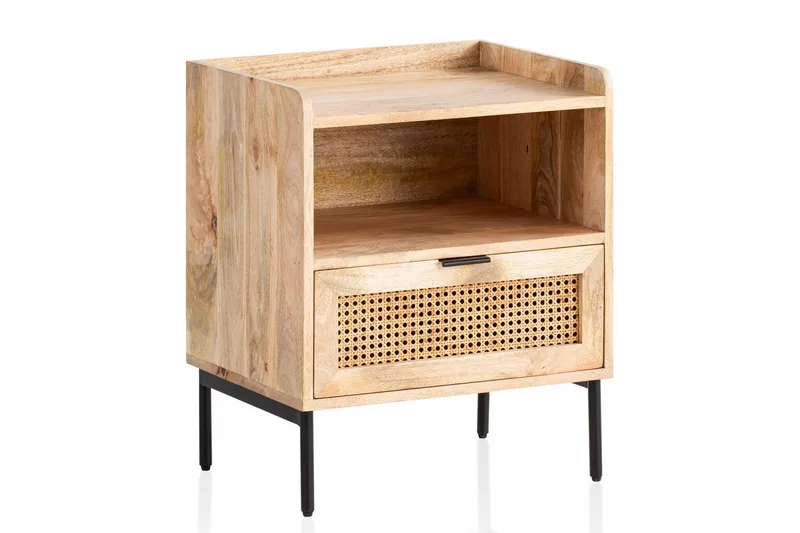 Yöpöytä Wohnling Kiinteä mangopuu, laatikko, säilytyslokero ja wieniläinen rottinkityö, undefined