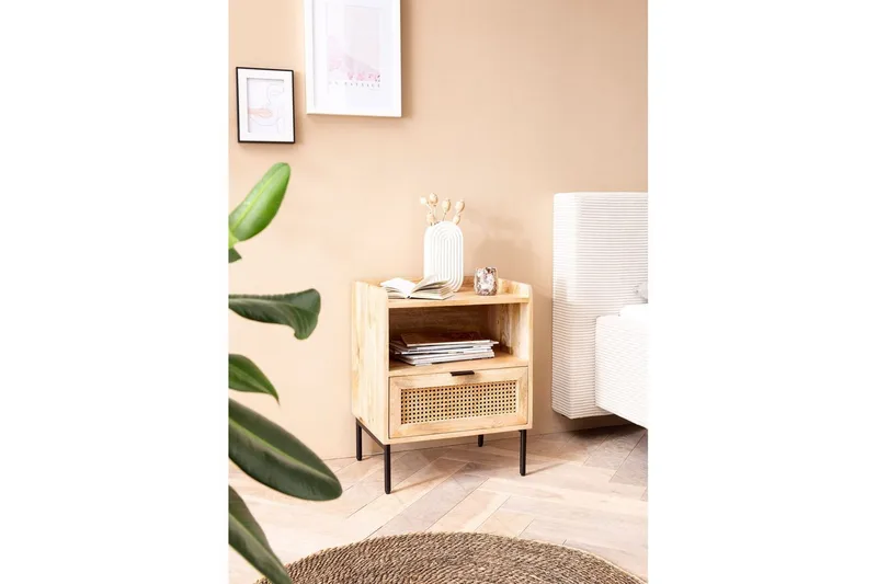 Yöpöytä Wohnling Kiinteä mangopuu, laatikko, säilytyslokero ja wieniläinen rottinkityö - Huonekalut - Pöytä & ruokailuryhmä - Apupöytä & sivupöytä - Yöpöytä