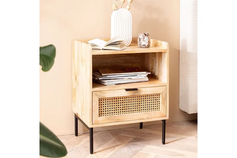 Yöpöytä Wohnling Kiinteä mangopuu, laatikko, säilytyslokero ja wieniläinen rottinkityö - Huonekalut - Pöytä & ruokailuryhmä - Apupöytä & sivupöytä - Yöpöytä