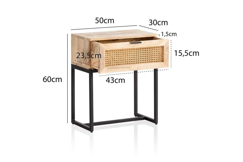 Yöpöytä Wohnling Kiinteä mangopuu, laatikko ja wieniläinen rottinkityö teollisessa ilmeessä - Huonekalut - Pöytä & ruokailuryhmä - Apupöytä & sivupöytä - Yöpöytä