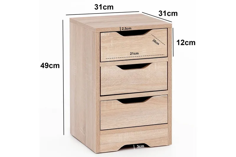 Yöpöytä Wohnling kolmella laatikolla, yksinkertainen ja moderni suunnittelu jenkkisänkyyn Sonoma - Sonoma - Huonekalut - Pöytä & ruokailuryhmä - Apupöytä & sivupöytä - Yöpöytä