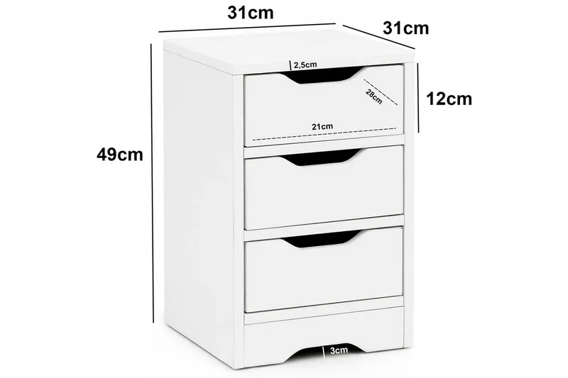 Yöpöytä Wohnling kolmella laatikolla, yksinkertainen ja moderni suunnittelu jenkkisänkyyn Valkoinen - Valkoinen - Huonekalut - Pöytä & ruokailuryhmä - Apupöytä & sivupöytä - Yöpöytä