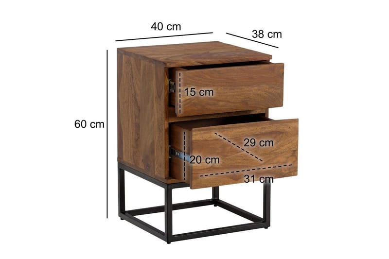 Yöpöytä Wohnling Moderni ilme, kaksi laatikkoa, kiinteää sheesham-puuta, teollinen ulkonäkö. - Huonekalut - Pöytä & ruokailuryhmä - Apupöytä & sivupöytä - Yöpöytä