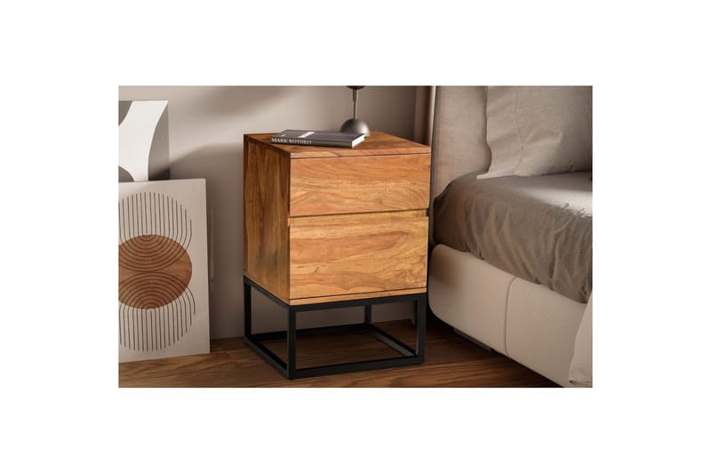 Yöpöytä Wohnling Moderni ilme, kaksi laatikkoa, kiinteää sheesham-puuta, teollinen ulkonäkö. - Huonekalut - Pöytä & ruokailuryhmä - Apupöytä & sivupöytä - Yöpöytä