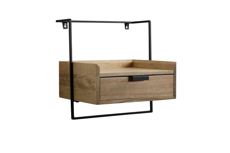 Yöpöytä Wohnling seinäasennukseen, valmistettu massiivisesta mangopuusta, 1 laatikko, teollistyylinen hylly Vaaleanruskea, Vaaleanruskea