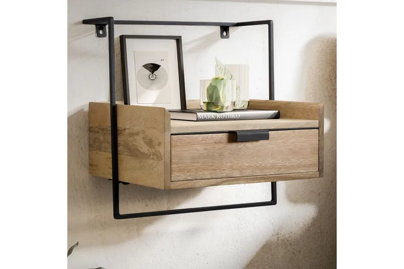 Yöpöytä Wohnling seinäasennukseen, valmistettu massiivisesta mangopuusta, 1 laatikko, teollistyylinen hylly Vaaleanruskea - Vaaleanruskea - Huonekalut - Pöytä & ruokailuryhmä - Apupöytä & sivupöytä - Yöpöytä