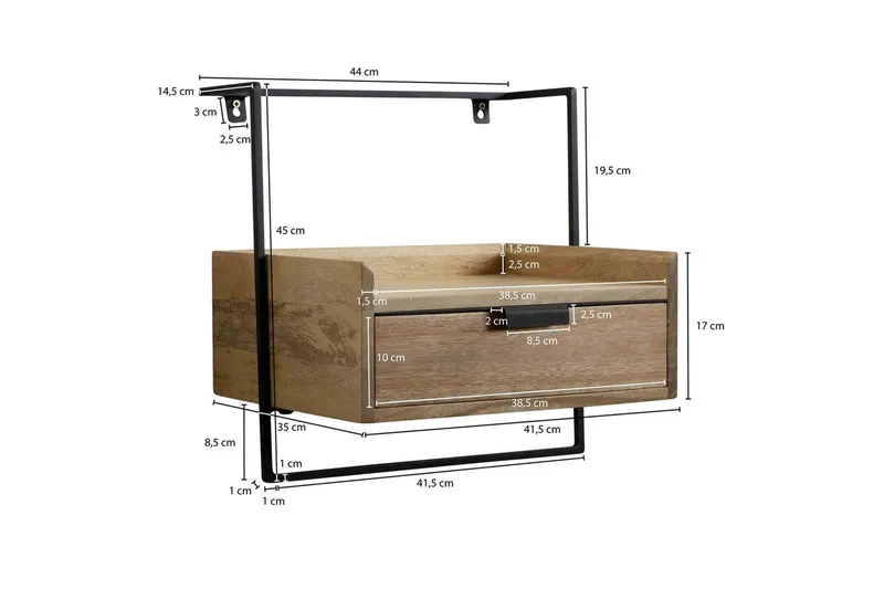 Yöpöytä Wohnling seinäasennukseen, valmistettu massiivisesta mangopuusta, 1 laatikko, teollistyylinen hylly Vaaleanruskea - Vaaleanruskea - Huonekalut - Pöytä & ruokailuryhmä - Apupöytä & sivupöytä - Yöpöytä