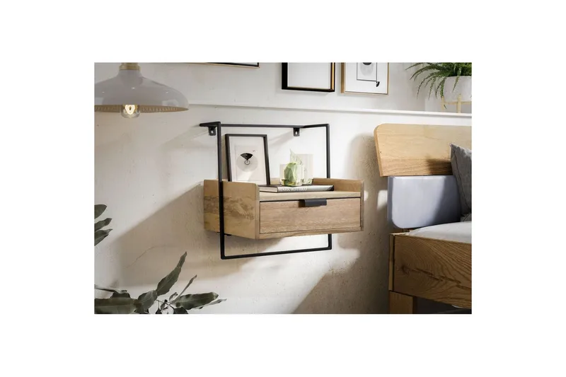 Yöpöytä Wohnling seinäasennukseen, valmistettu massiivisesta mangopuusta, 1 laatikko, teollistyylinen hylly Vaaleanruskea - Vaaleanruskea - Huonekalut - Pöytä & ruokailuryhmä - Apupöytä & sivupöytä - Yöpöytä