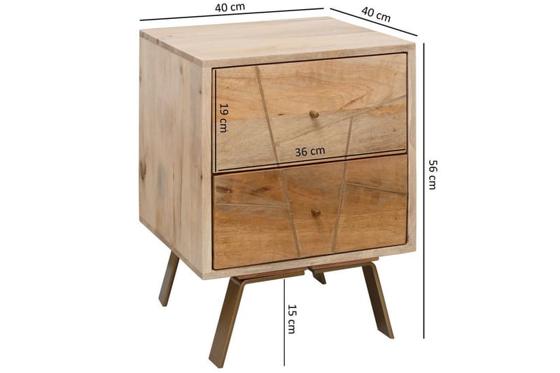 Yöpöytä Wohnling SIKAR massiivinen mangopuu jenkkisänkyyn metallikoristeilla 2 laatikkoa - Huonekalut - Pöytä & ruokailuryhmä - Apupöytä & sivupöytä - Yöpöytä