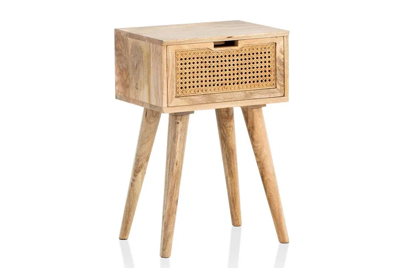 Yöpöytä Wohnling Täyttä mangopuuta, 1 laatikko ja moderni ulkoasu Wienin punoksella Vaaleanruskea, Vaaleanruskea