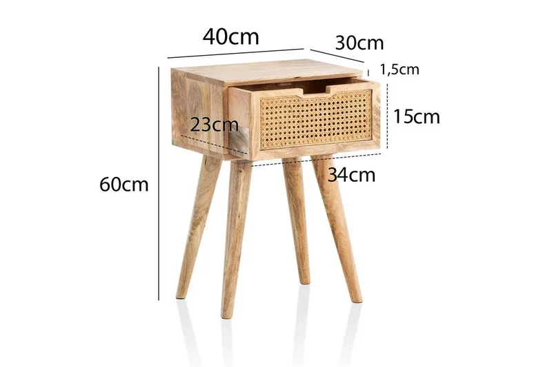 Yöpöytä Wohnling Täyttä mangopuuta, 1 laatikko ja moderni ulkoasu Wienin punoksella Vaaleanruskea - Vaaleanruskea - Huonekalut - Pöytä & ruokailuryhmä - Apupöytä & sivupöytä - Yöpöytä