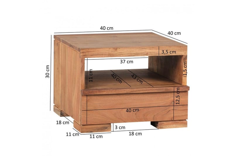 Yöpöytä Wohnling Täyttä puuta laatikolla ja hyllyllä matalassa muotoilussa maalaistyyliä Akaasia - Akaasia - Huonekalut - Pöytä & ruokailuryhmä - Apupöytä & sivupöytä - Yöpöytä