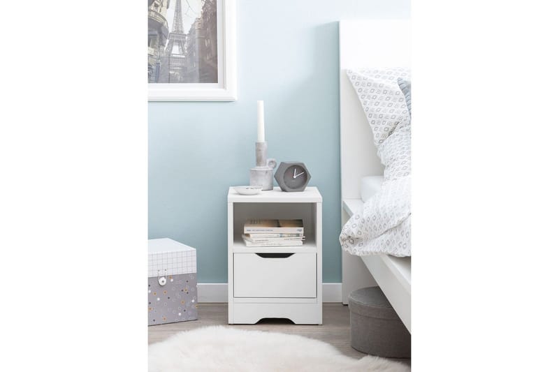 Yöpöytä Wohnling Valkoinen, jossa 1 laatikko, yksinkertainen moderni muotoilu ja hylly - Huonekalut - Pöytä & ruokailuryhmä - Apupöytä & sivupöytä - Yöpöytä