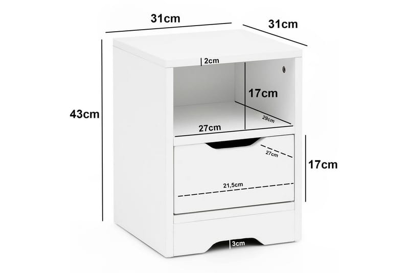 Yöpöytä Wohnling Valkoinen, jossa 1 laatikko, yksinkertainen moderni muotoilu ja hylly - Huonekalut - Pöytä & ruokailuryhmä - Apupöytä & sivupöytä - Yöpöytä